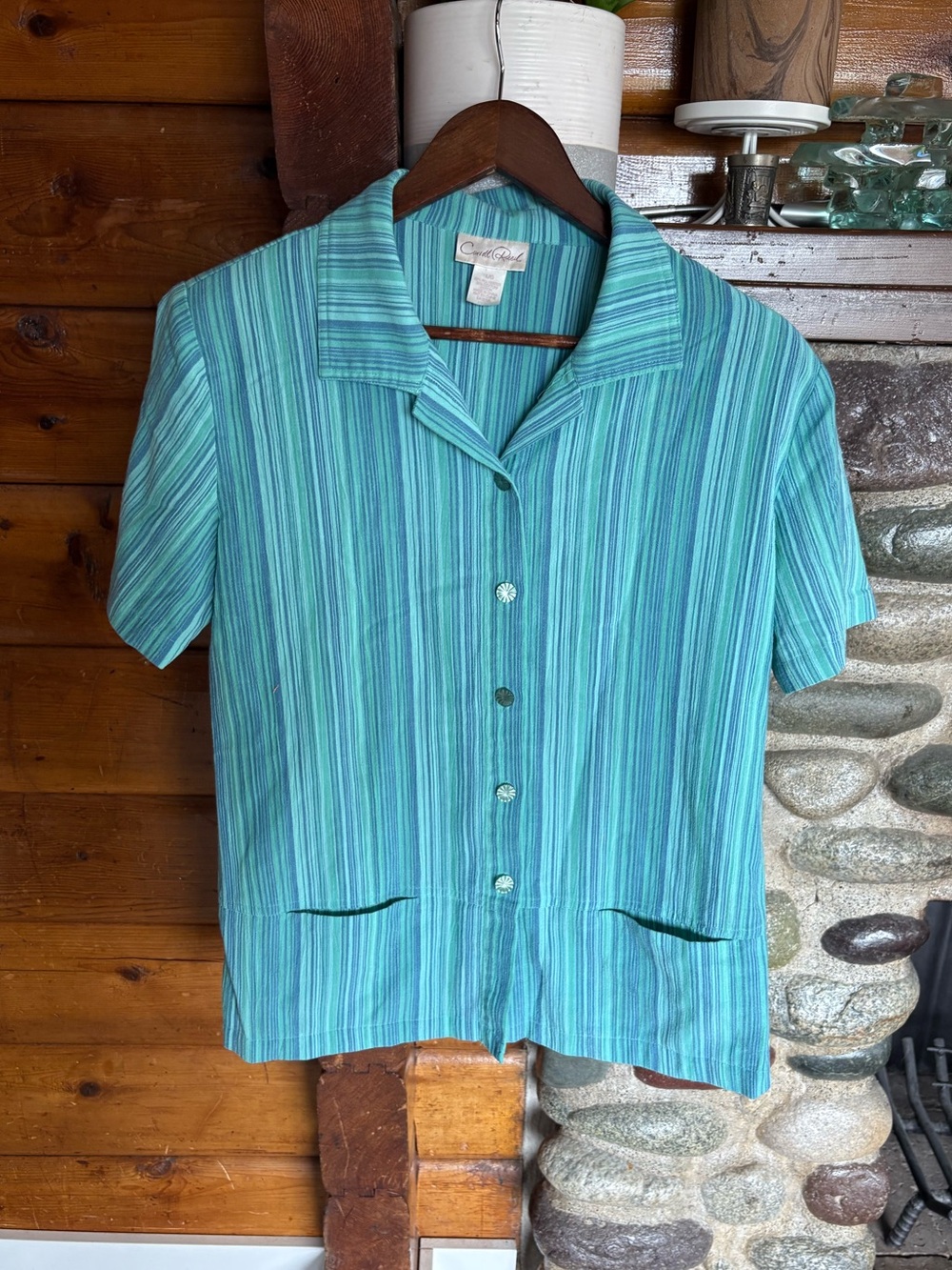 Caroll Reed Y2K Striped Camp Shirt Turquoise Button Up L